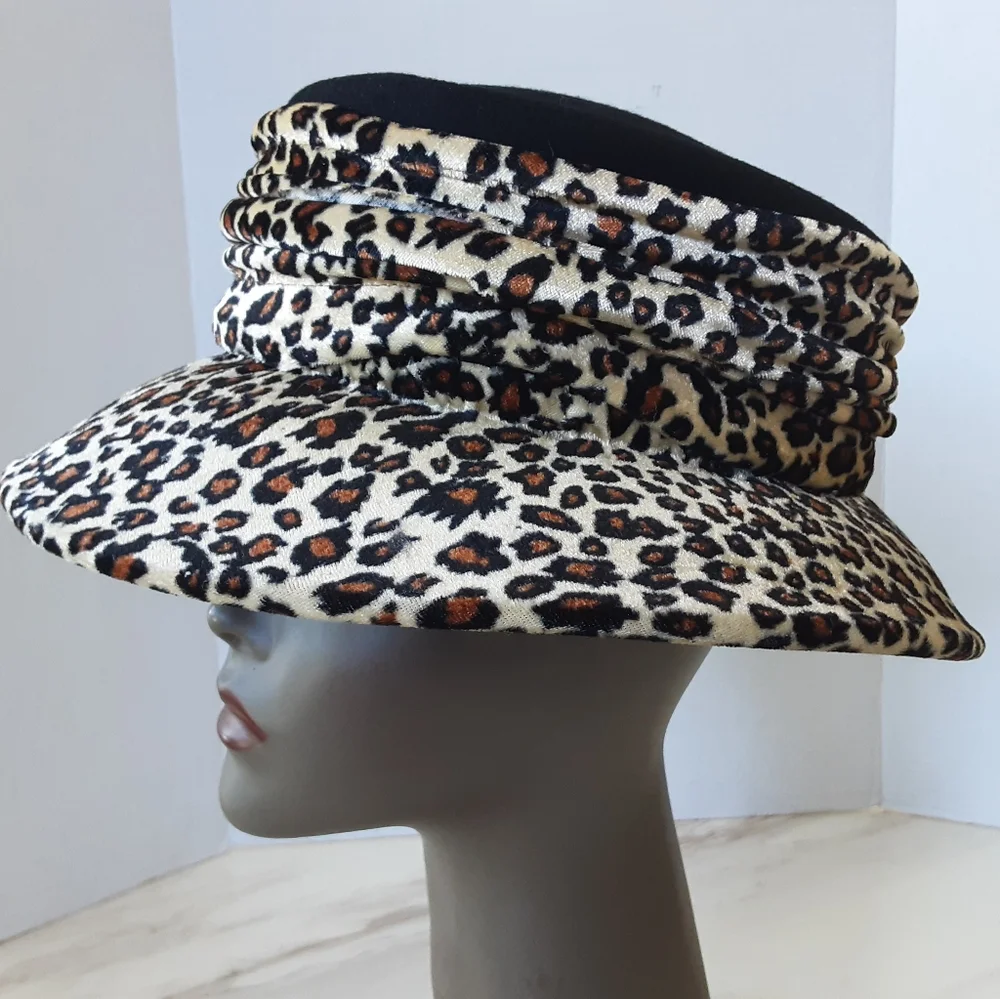 SS Black 100% Wool Leopard Print Fedora Hat Sz  21.5